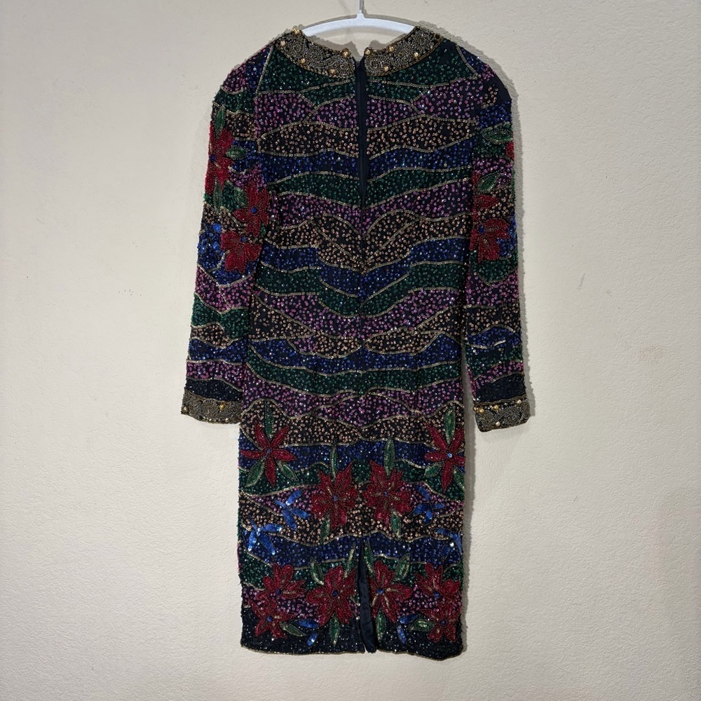 VTG sequined 1980s INDUS V silk beaded Multi Florals disco dress Party 15” PTP - Picture 3 of 16
